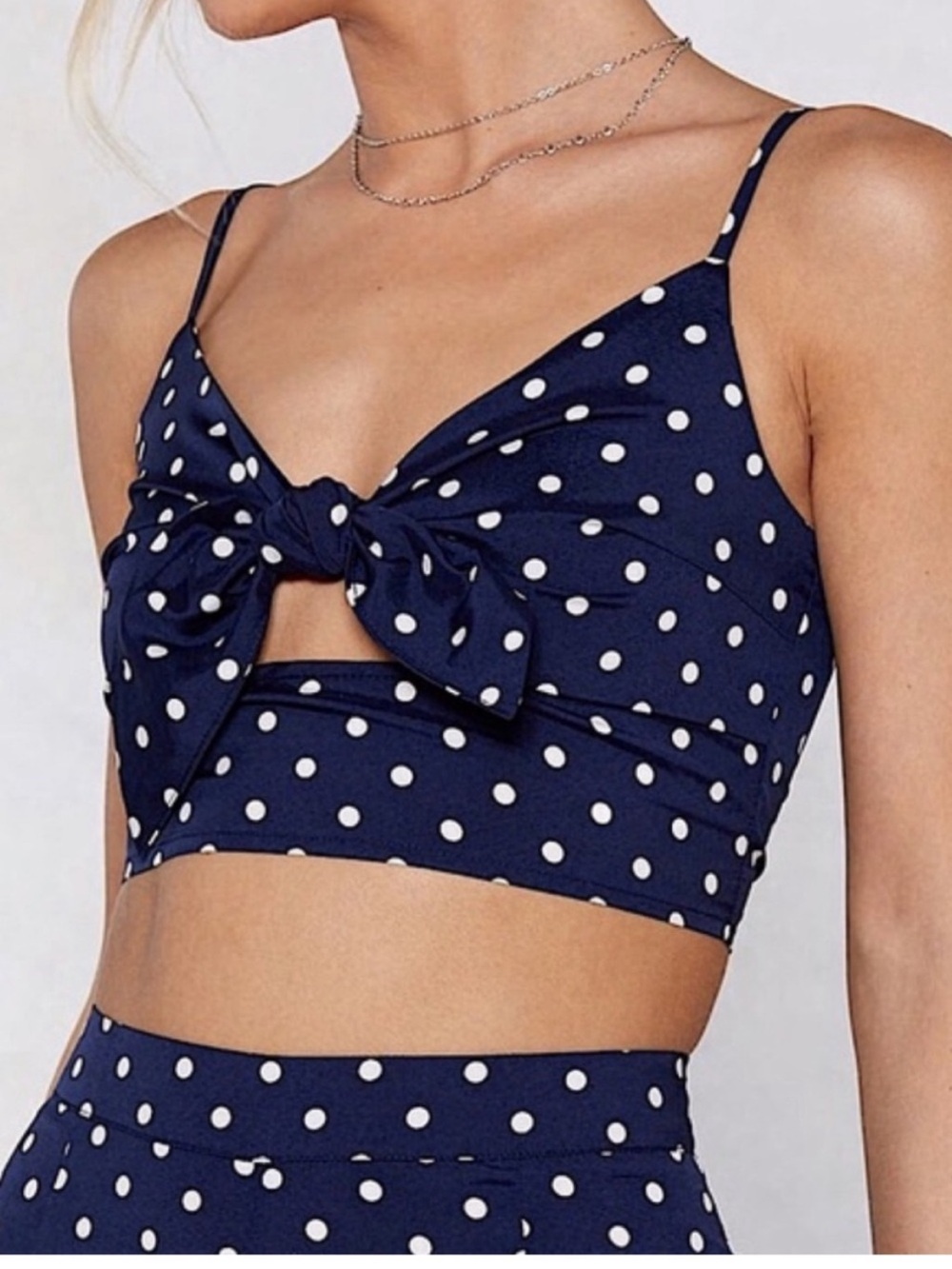 NWT Nasty Gal Navy Polka Dot Tie Front Bralette Crop Top Size 6 Smocked Back